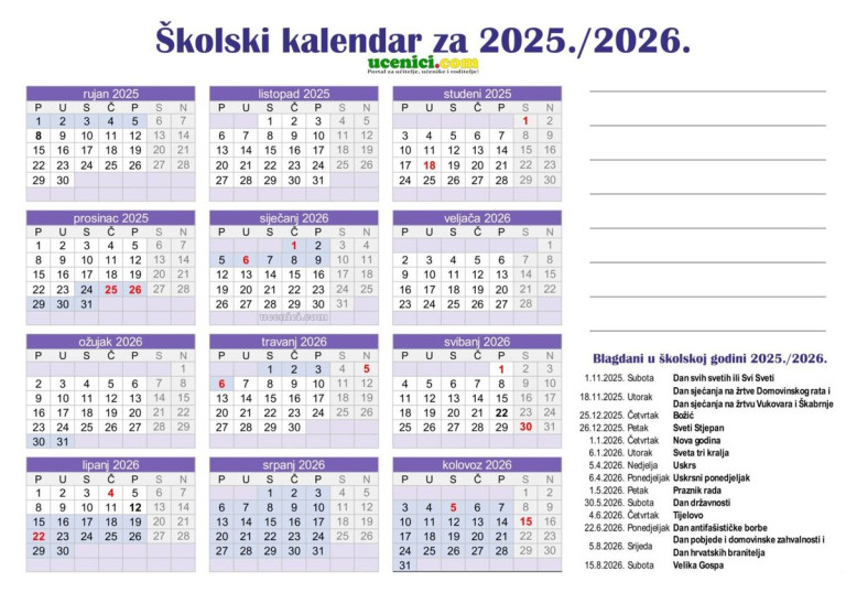 Kalendar školske godine 2025./2026.