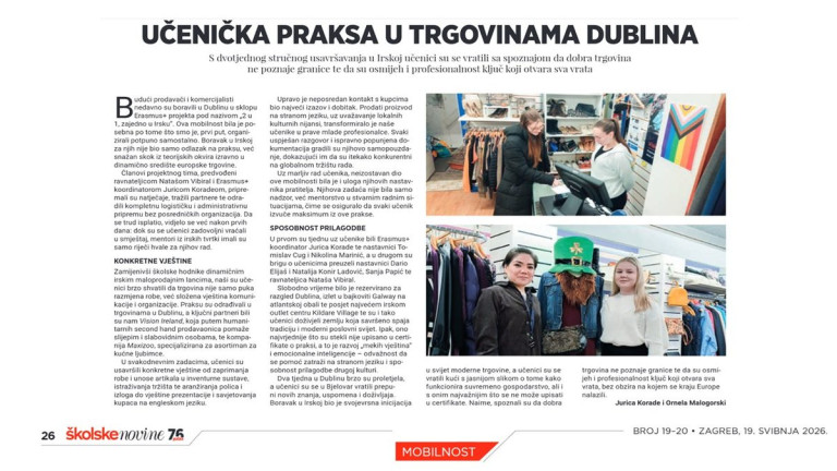O Erasmus+ mobilnosti naših učenika čitajte u Školskim novinama